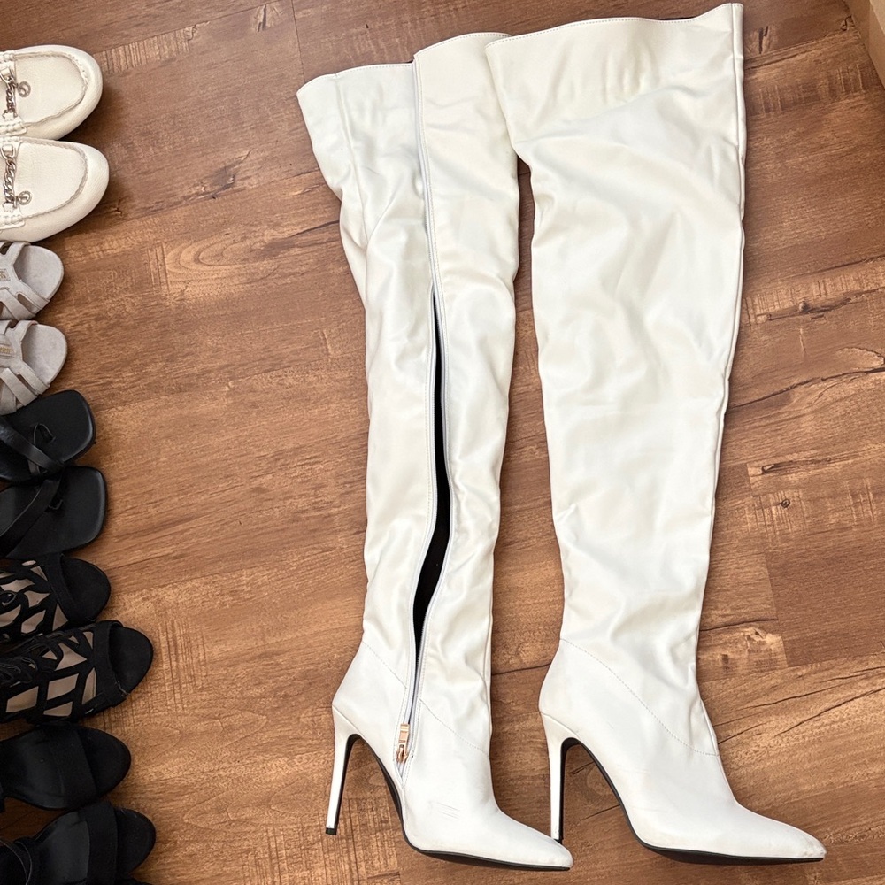 Off-white Thigh High Pointed Toe Stiletto Boots
